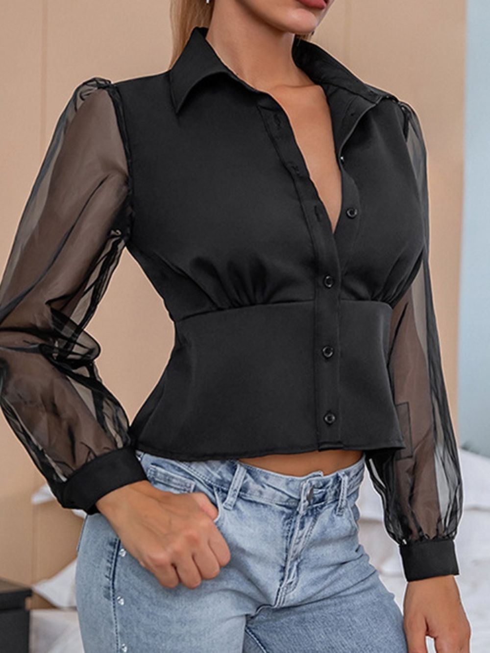 Blusa Curta De Malha Simples Lapela Manga Longa