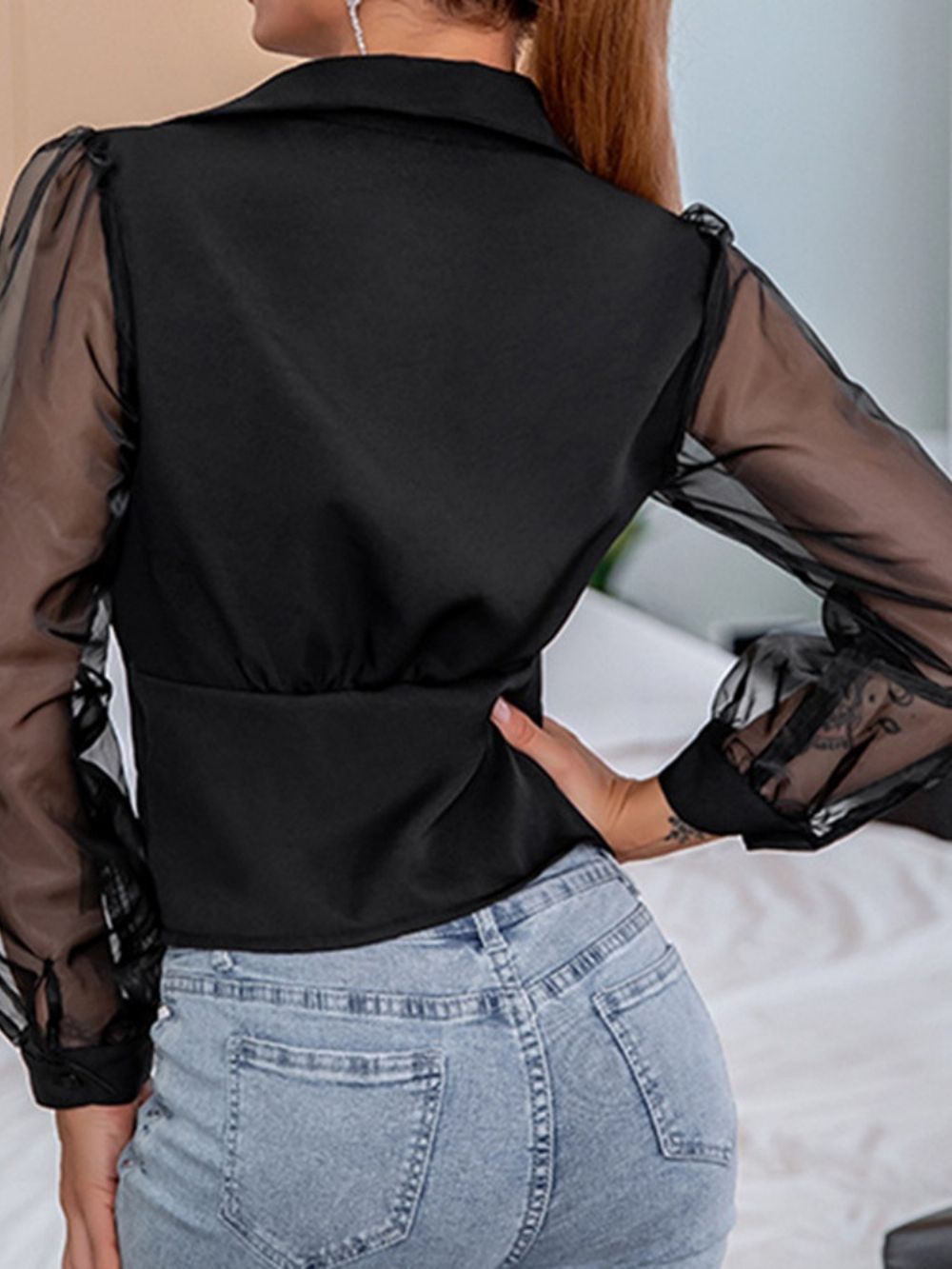 Blusa Curta De Malha Simples Lapela Manga Longa