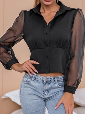 Blusa Curta De Malha Simples Lapela Manga Longa