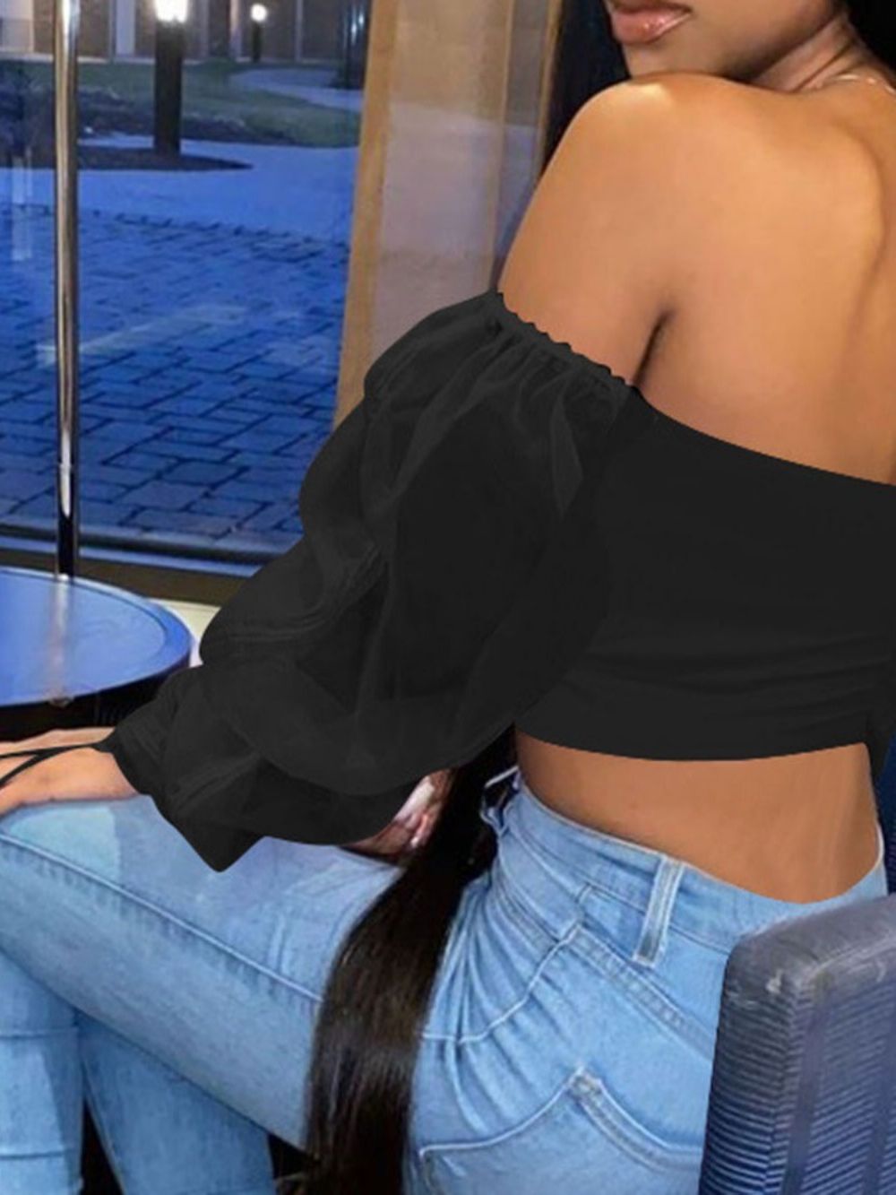 Blusa Curta Transparente Sem Ombro Manga Longa