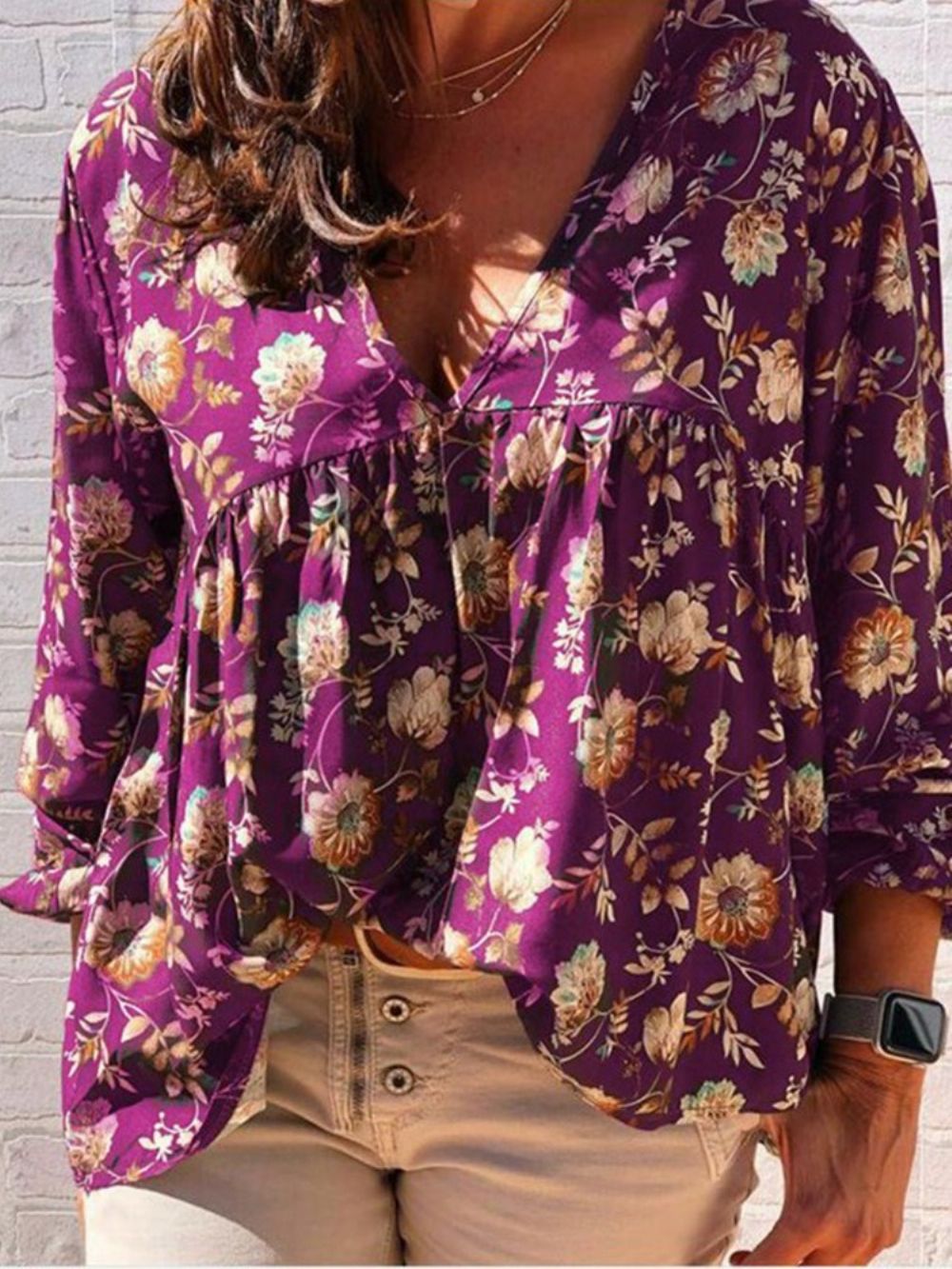 Blusa Feminina Estampada Com Decote Em V Floral Padrão Manga Longa