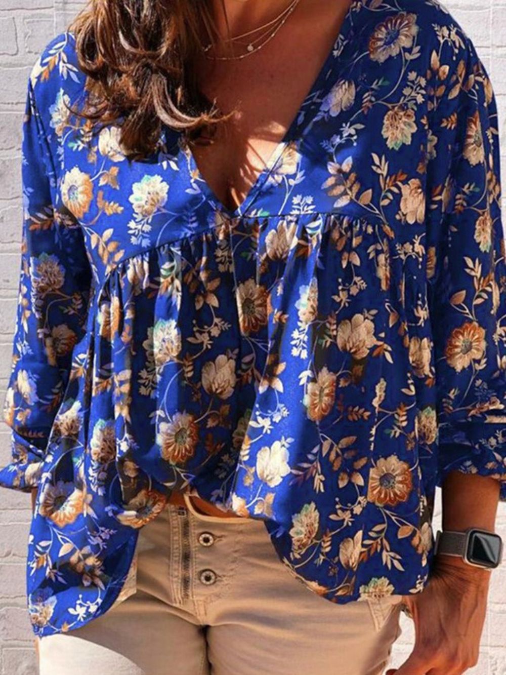 Blusa Feminina Estampada Com Decote Em V Floral Padrão Manga Longa