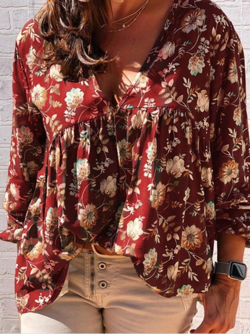 Blusa Feminina Estampada Com Decote Em V Floral Padrão Manga Longa