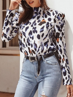 Blusa Feminina De Gola Alta Padrão Leopardo Manga Longa