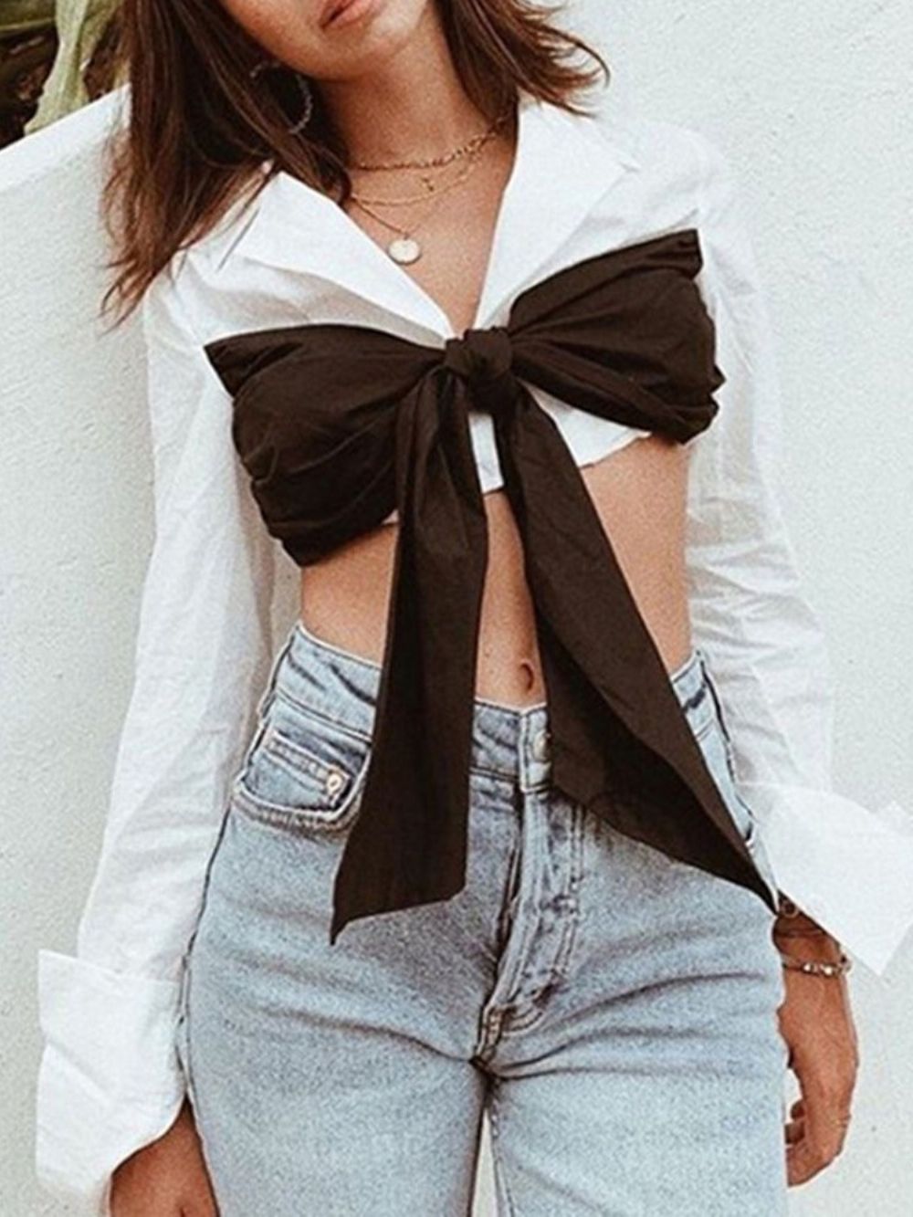 Blusa Feminina De Manga Comprida Curta Regular Com Lapela Bowknot