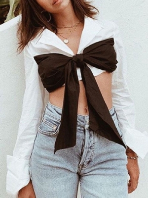 Blusa Feminina De Manga Comprida Curta Regular Com Lapela Bowknot