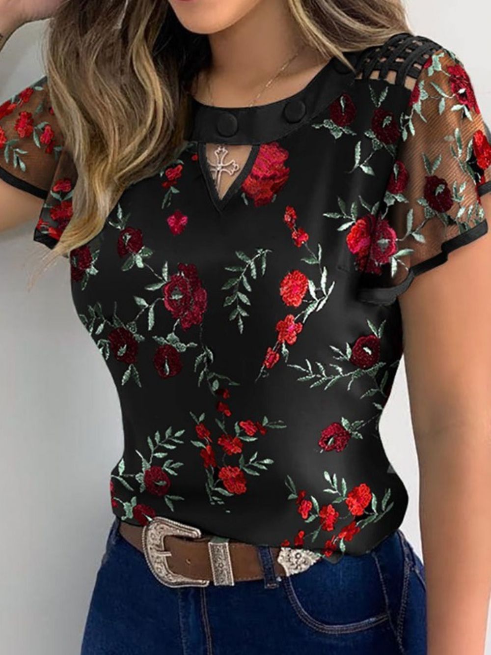 Blusa Feminina Manga Curta Padrão Floral Patchwork Regular