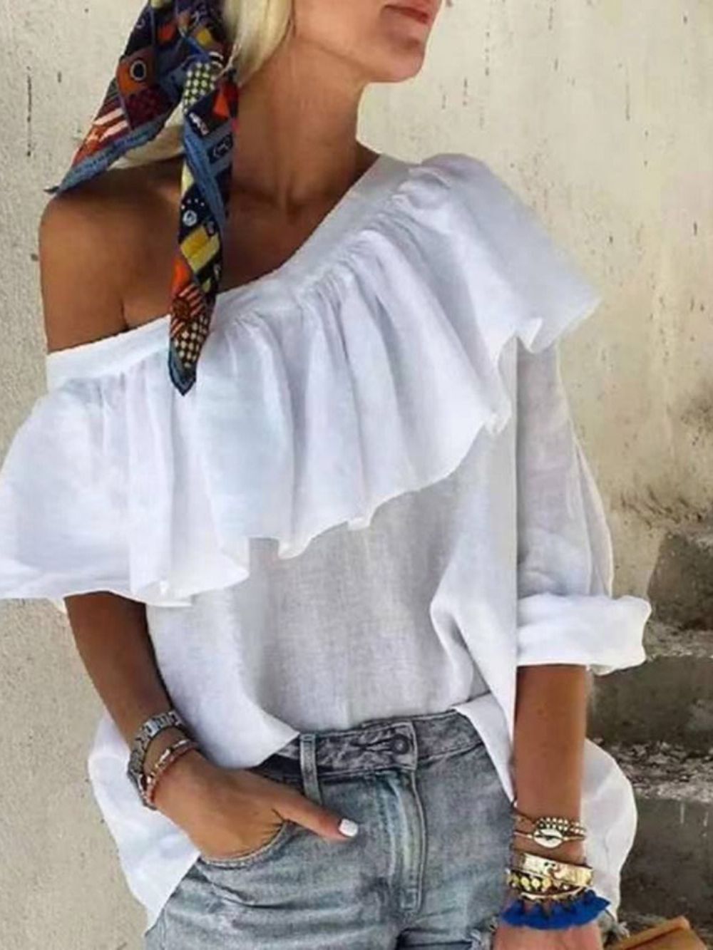 Blusa Feminina Padrão Lisa De Gola Redonda E Manga Comprida Falbala