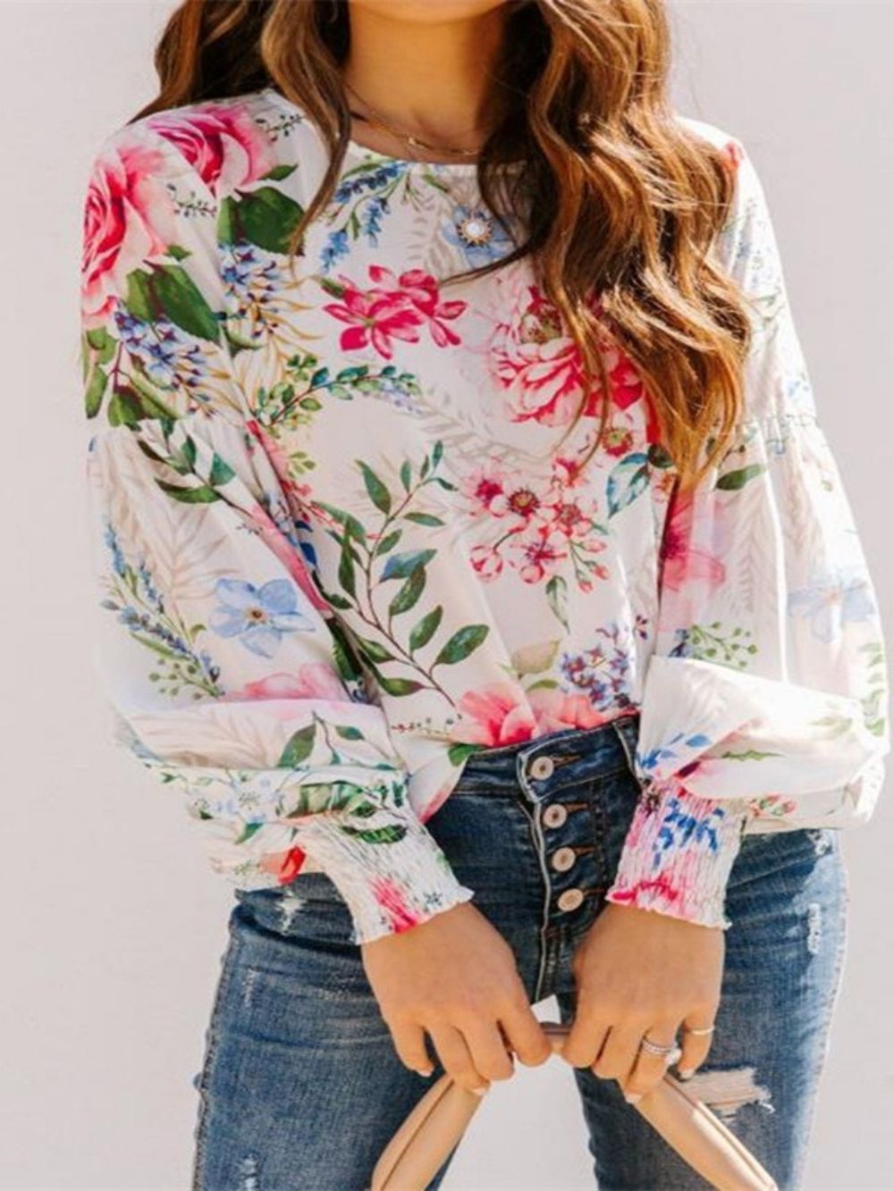 Blusa Feminina Padrão Manga Longa Estampa Floral Manga Lanterna