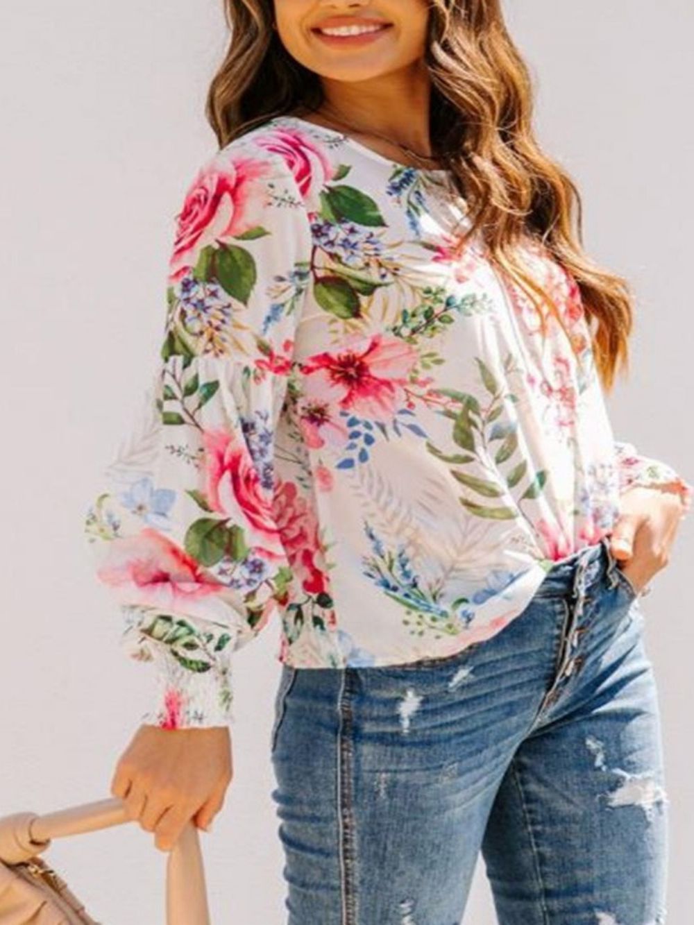 Blusa Feminina Padrão Manga Longa Estampa Floral Manga Lanterna