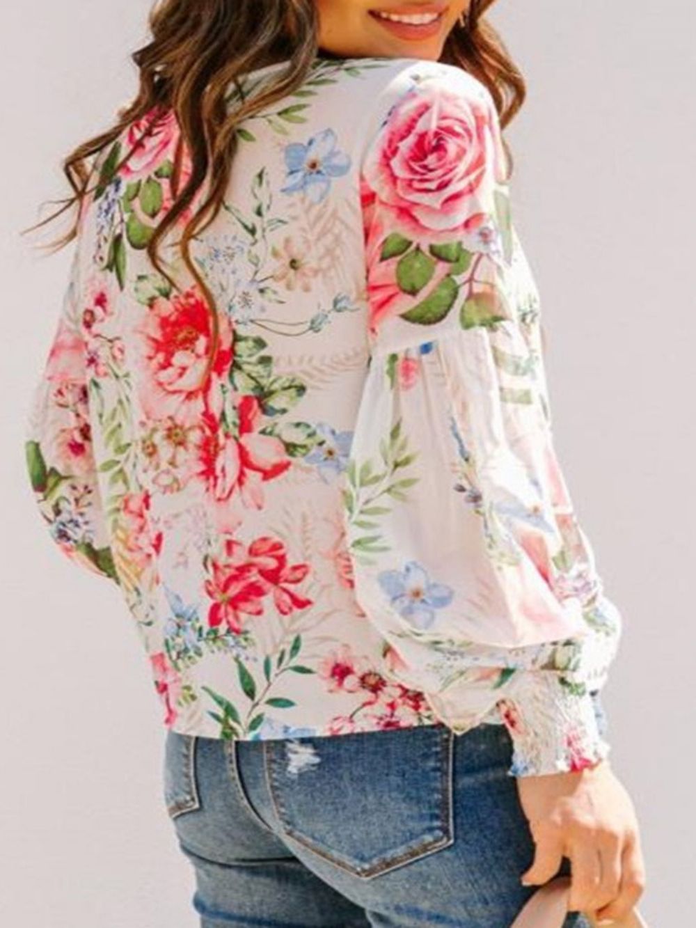 Blusa Feminina Padrão Manga Longa Estampa Floral Manga Lanterna