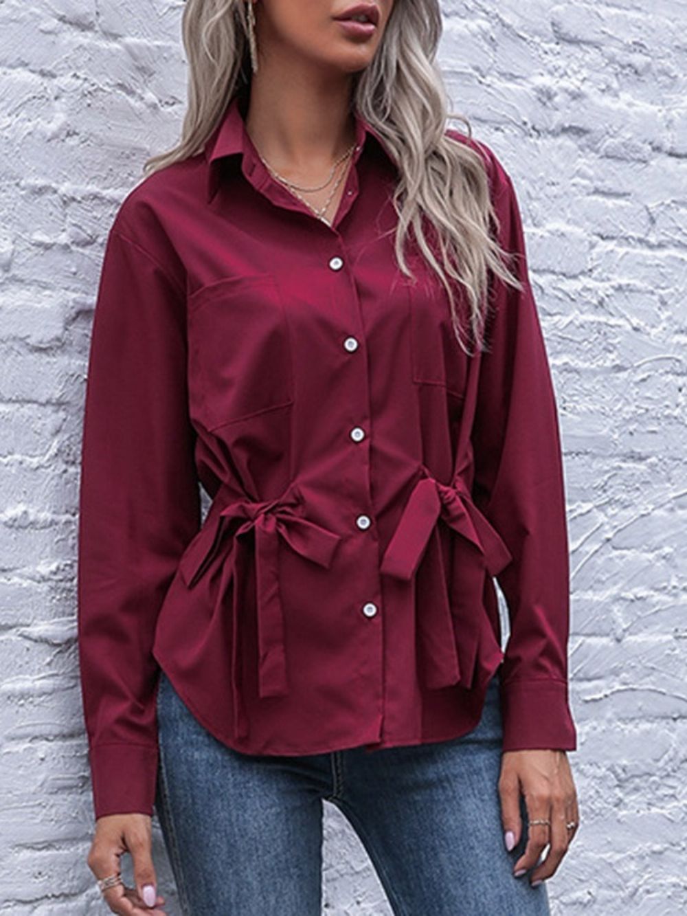 Blusa Feminina Padrão Manga Longa Lapel Bowknot Regular