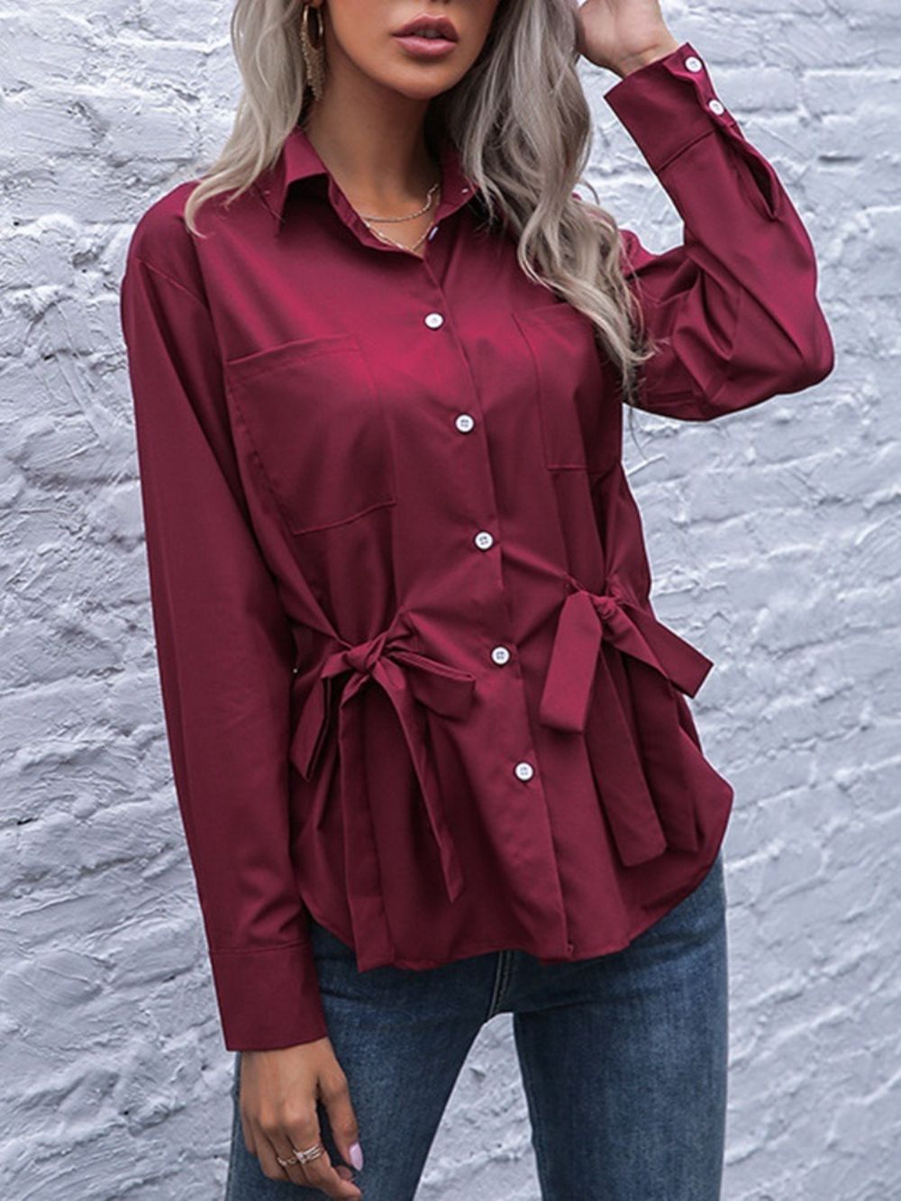 Blusa Feminina Padrão Manga Longa Lapel Bowknot Regular