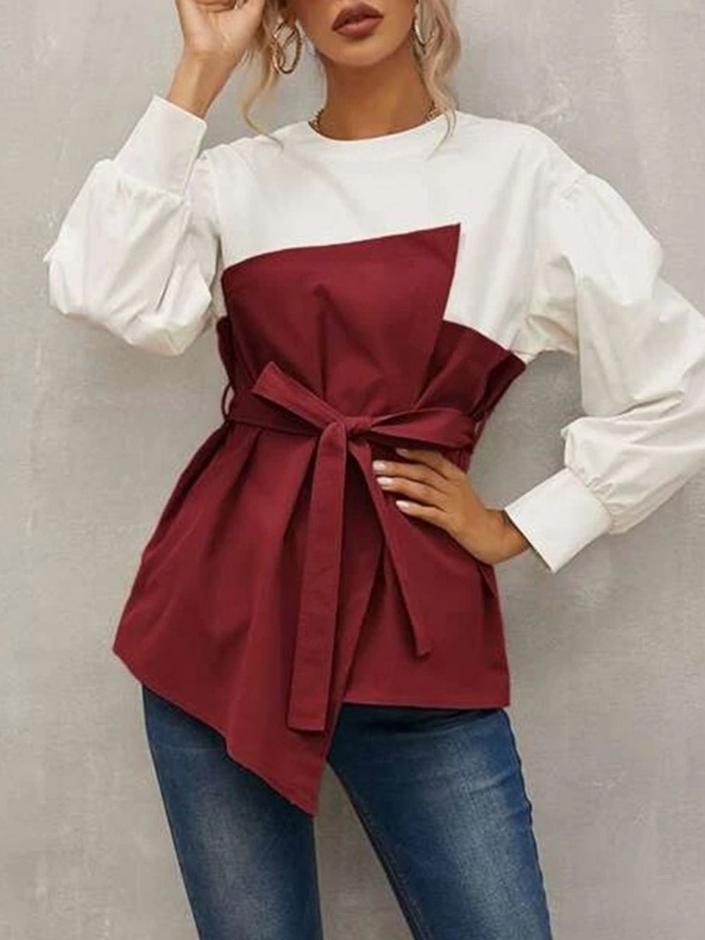 Blusa Feminina Padrão Manga Longa Simples Manga Lanterna