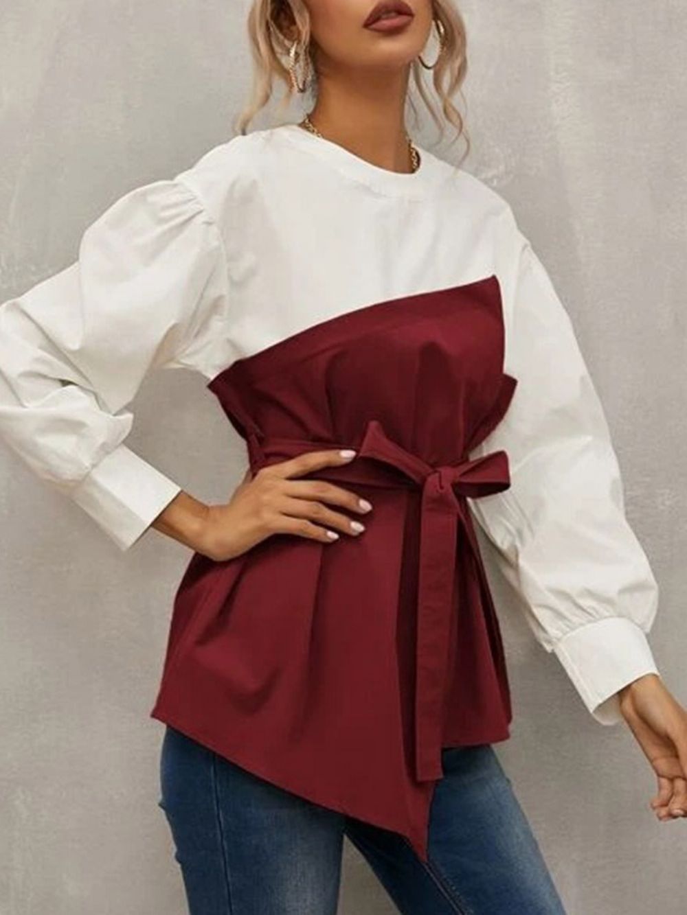 Blusa Feminina Padrão Manga Longa Simples Manga Lanterna