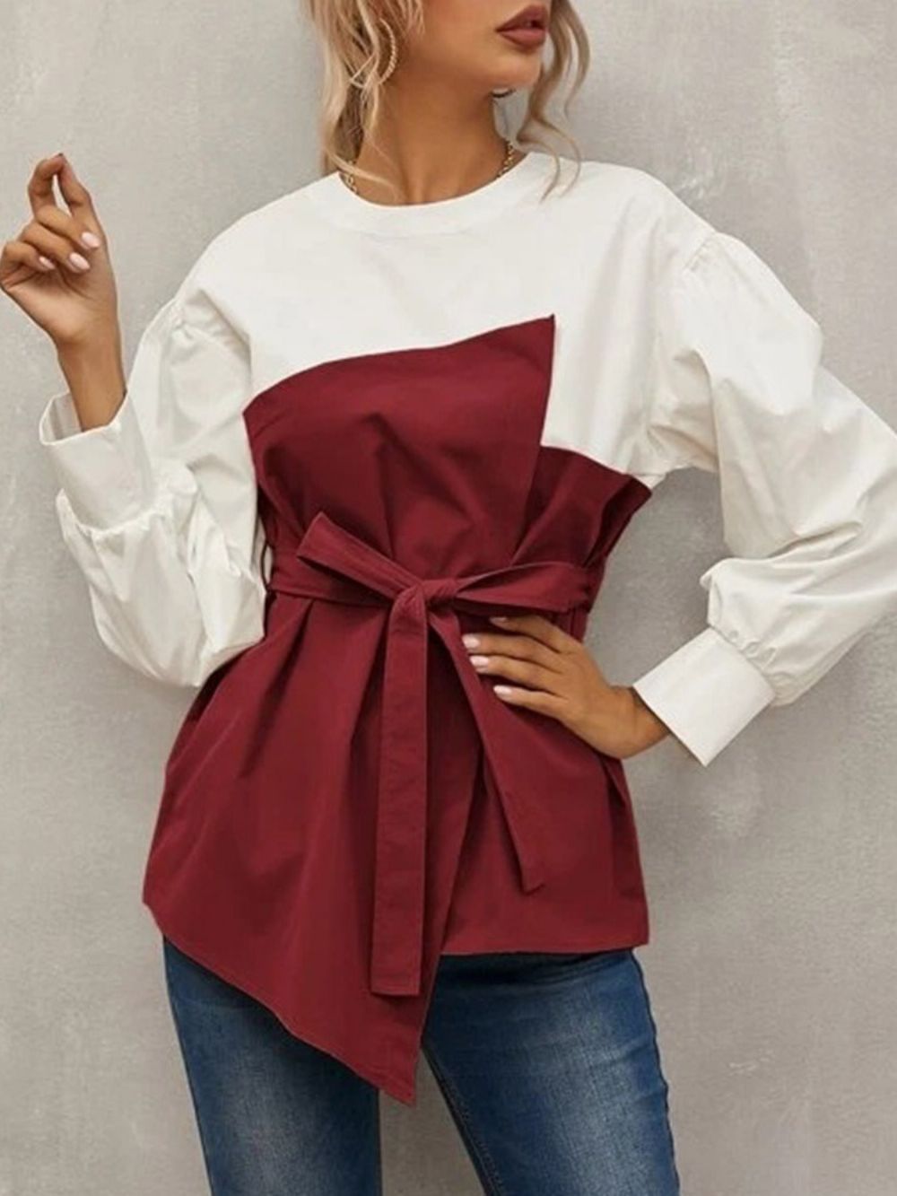 Blusa Feminina Padrão Manga Longa Simples Manga Lanterna