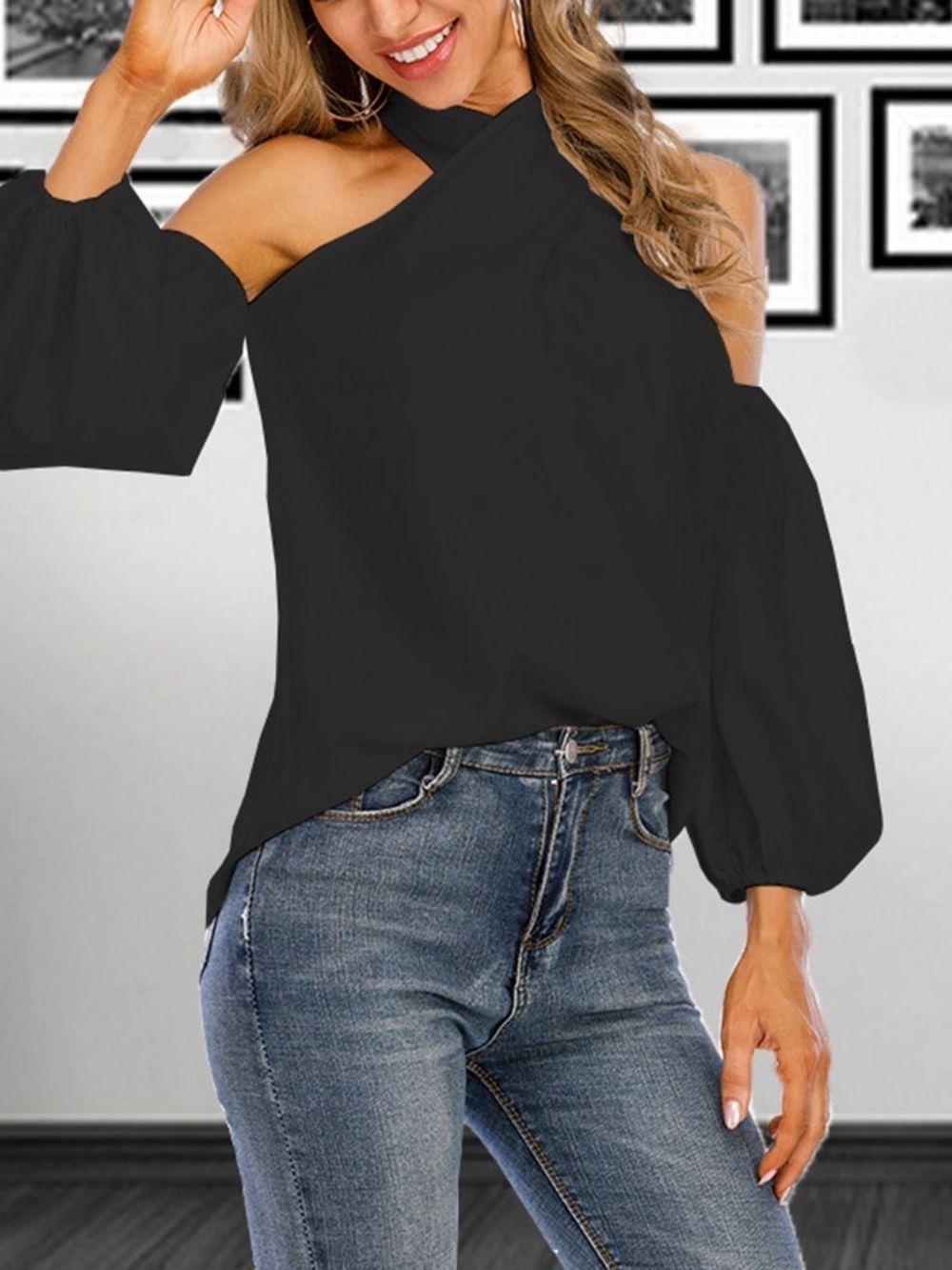 Blusa Feminina Padrão Oco Liso Manga Nove Pontos