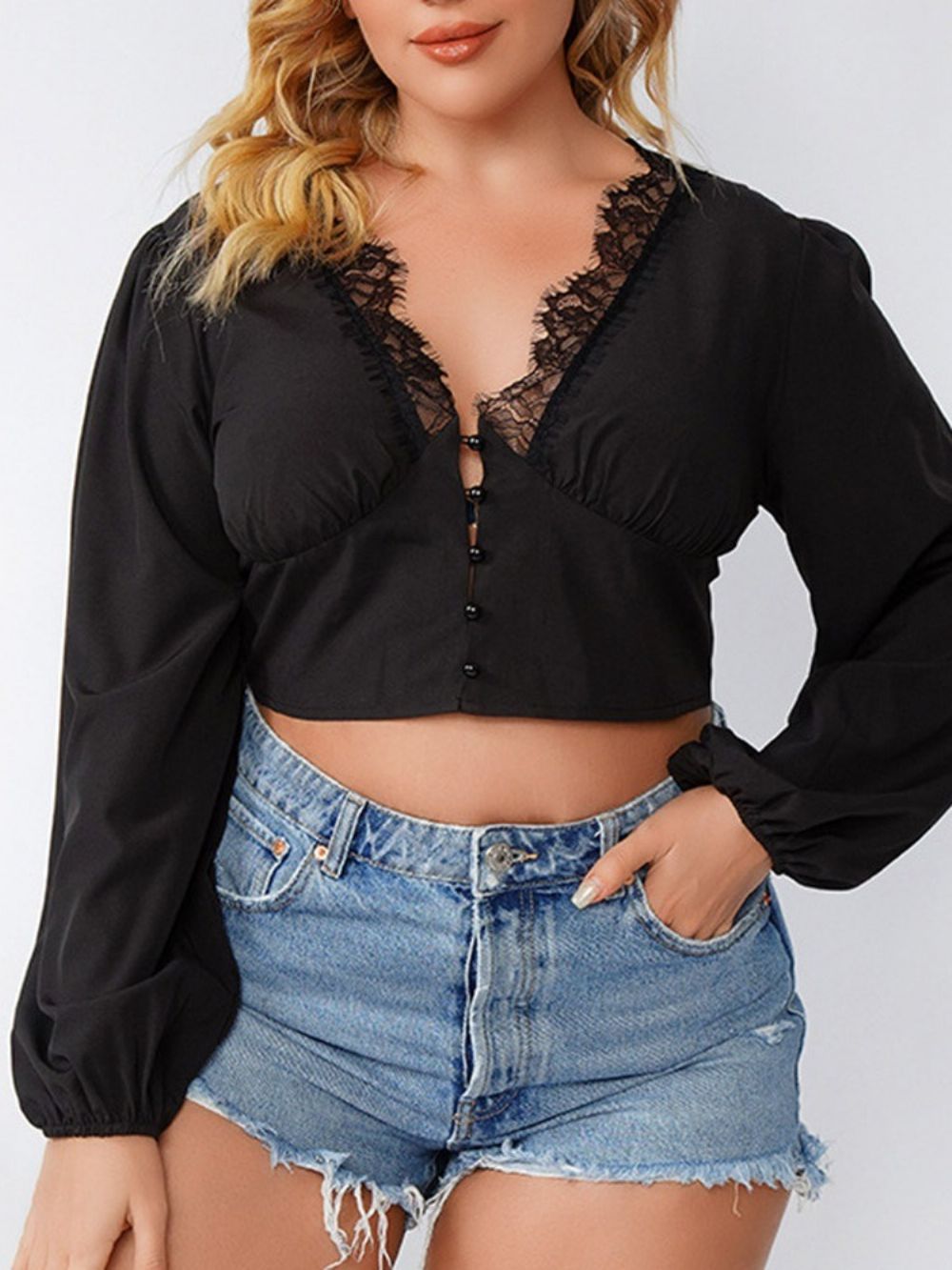 Blusa Feminina Simples Com Decote Em V E Renda Manga Longa