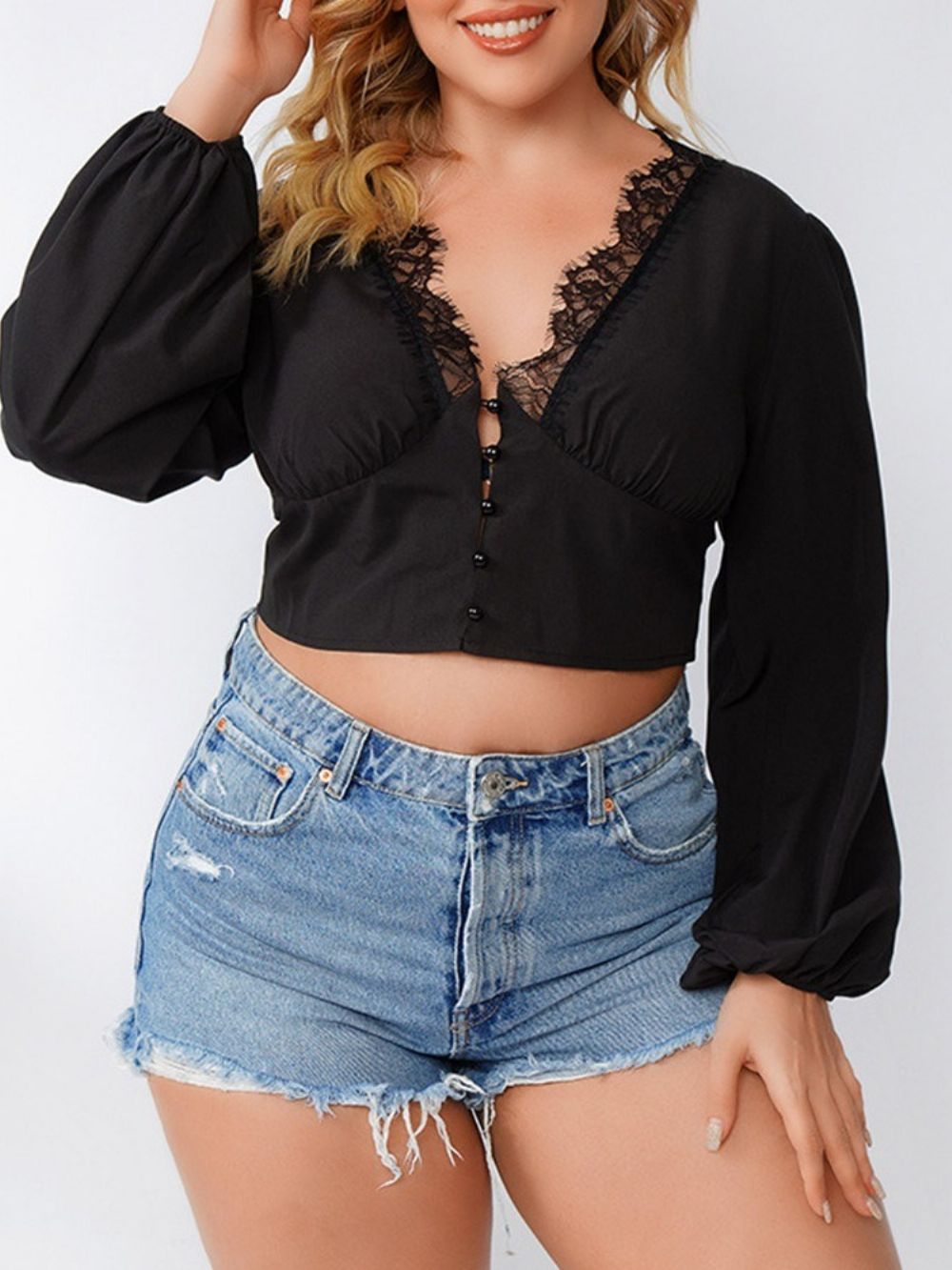 Blusa Feminina Simples Com Decote Em V E Renda Manga Longa