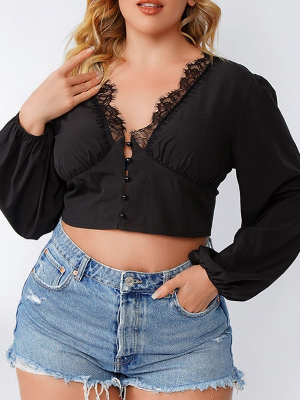 Blusa Feminina Simples Com Decote Em V E Renda Manga Longa