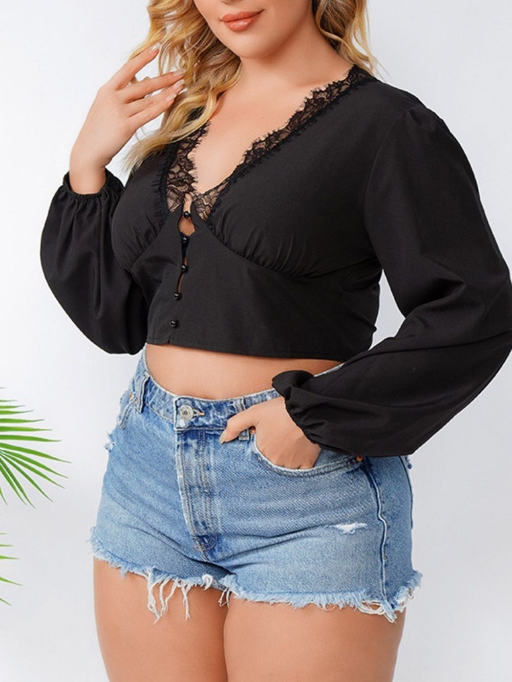 Blusa Feminina Simples Com Decote Em V E Renda Manga Longa