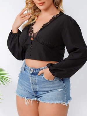 Blusa Feminina Simples Com Decote Em V E Renda Manga Longa