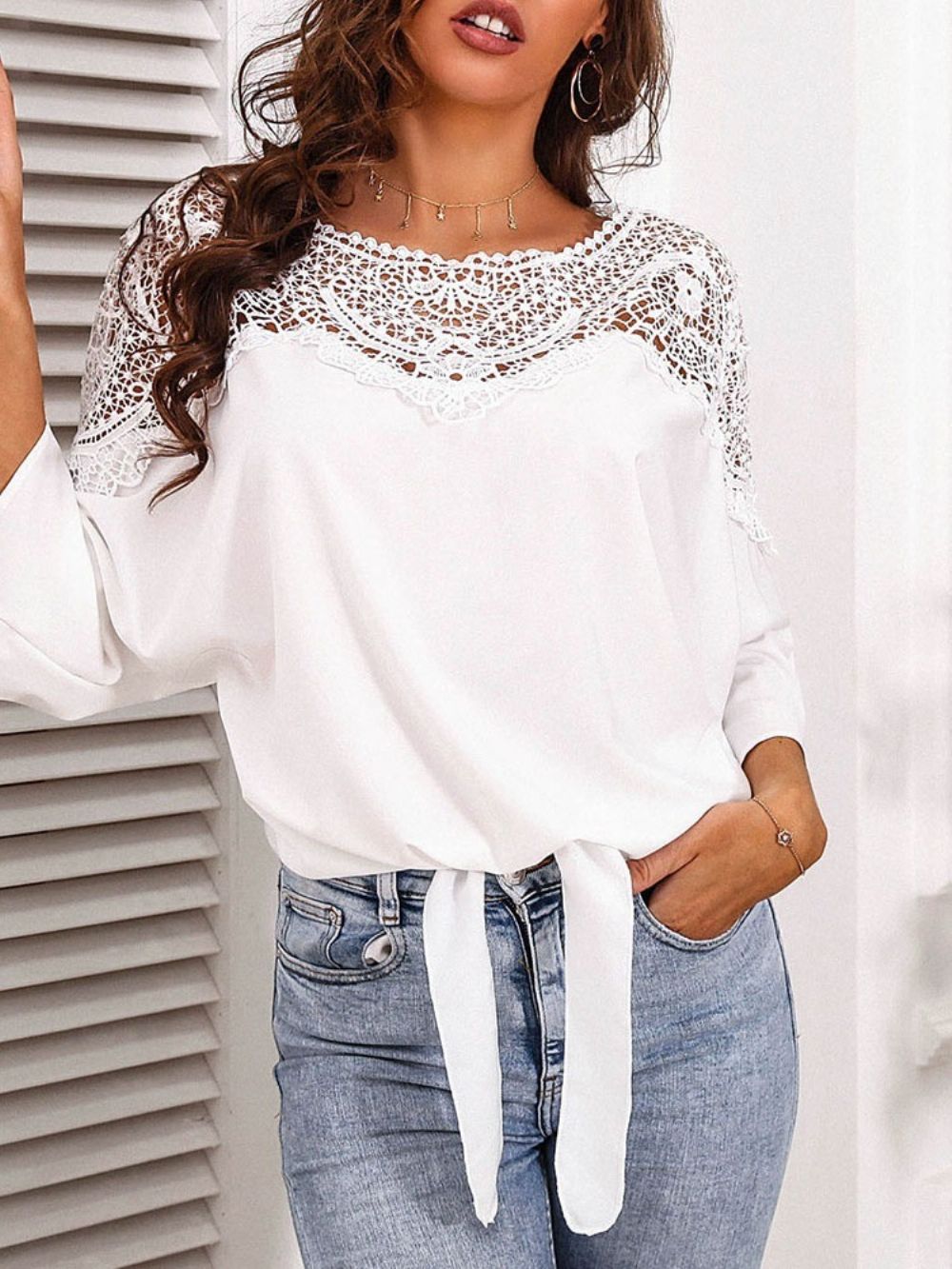 Blusa Feminina Simples Gola Redonda Padrão Manga Três Quartos