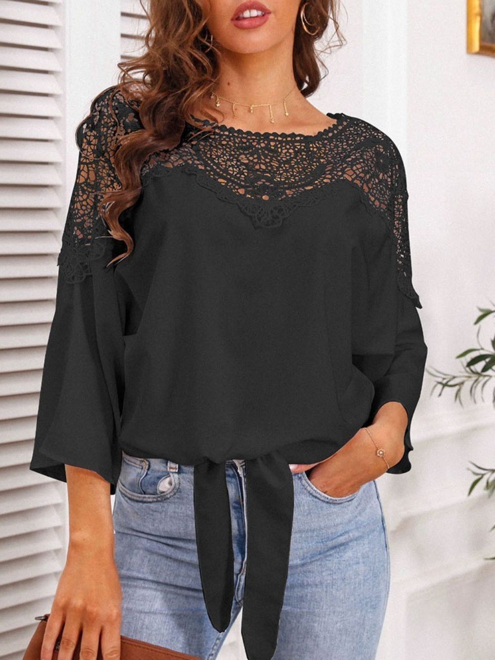 Blusa Feminina Simples Gola Redonda Padrão Manga Três Quartos