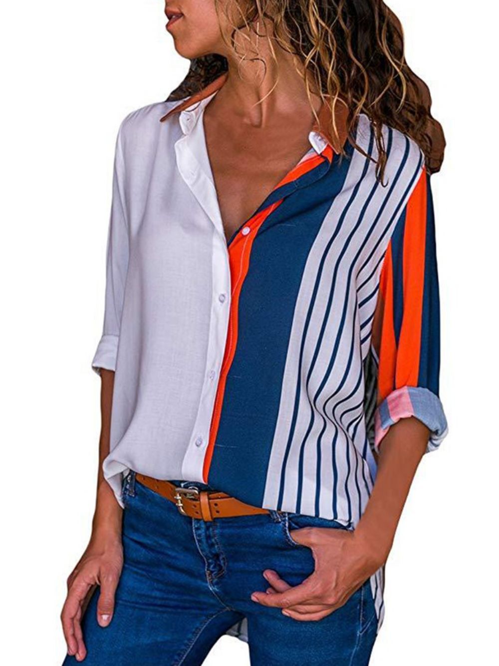 Blusa De Manga Comprida Com Listras Soltas Color Block