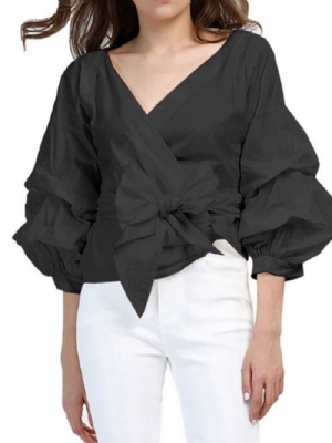 Blusa De Manga Comprida Padrão Com Decote Em V Bowknot