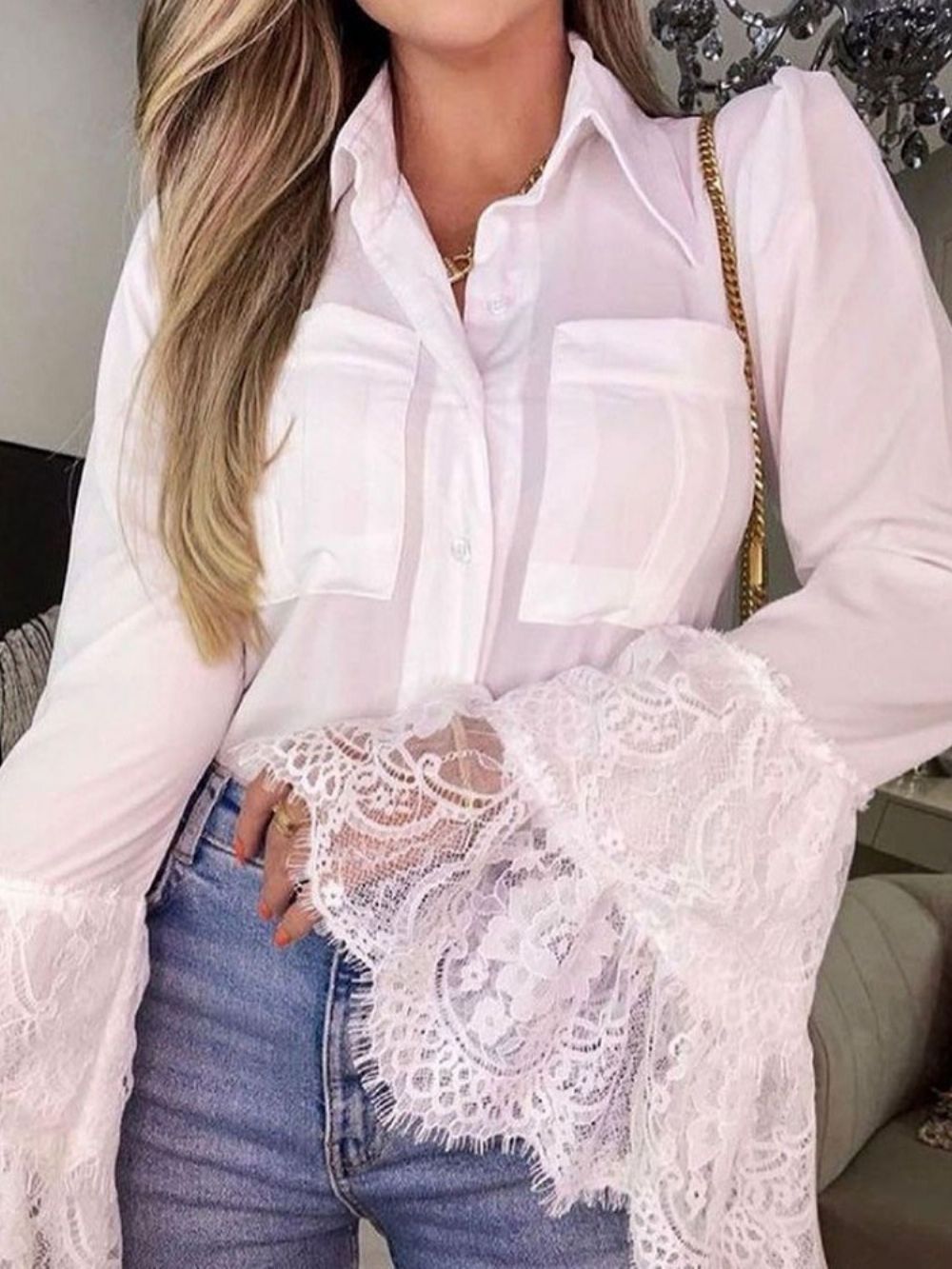 Blusa De Manga Longa Padrão Com Botão Simples E Lapela