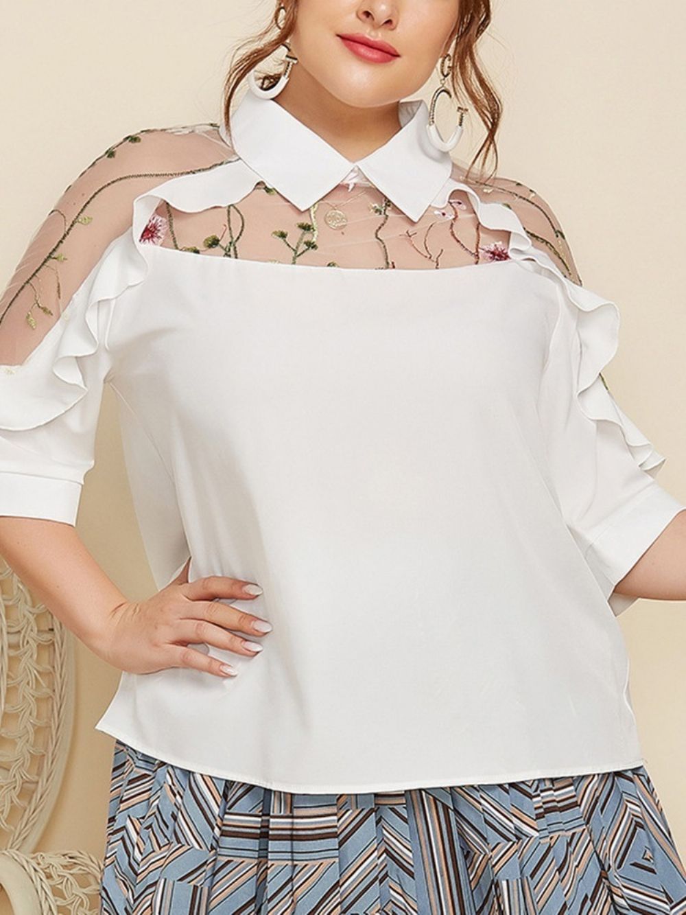 Blusa De Manga Três Quartos Padrão Transparente Com Lapela