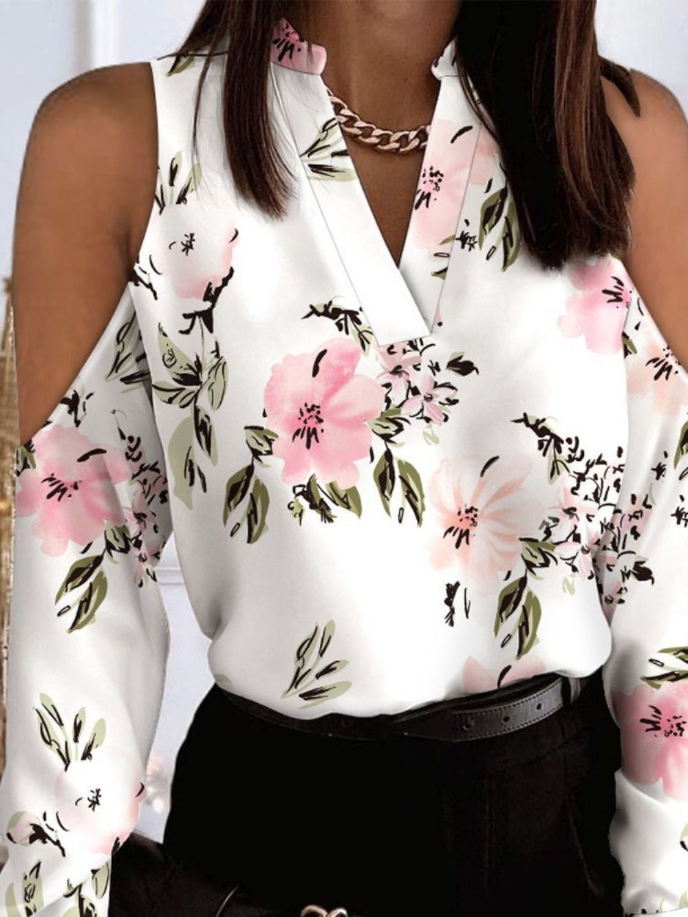 Blusa Padrão Com Gola Estampa Floral Manga Longa