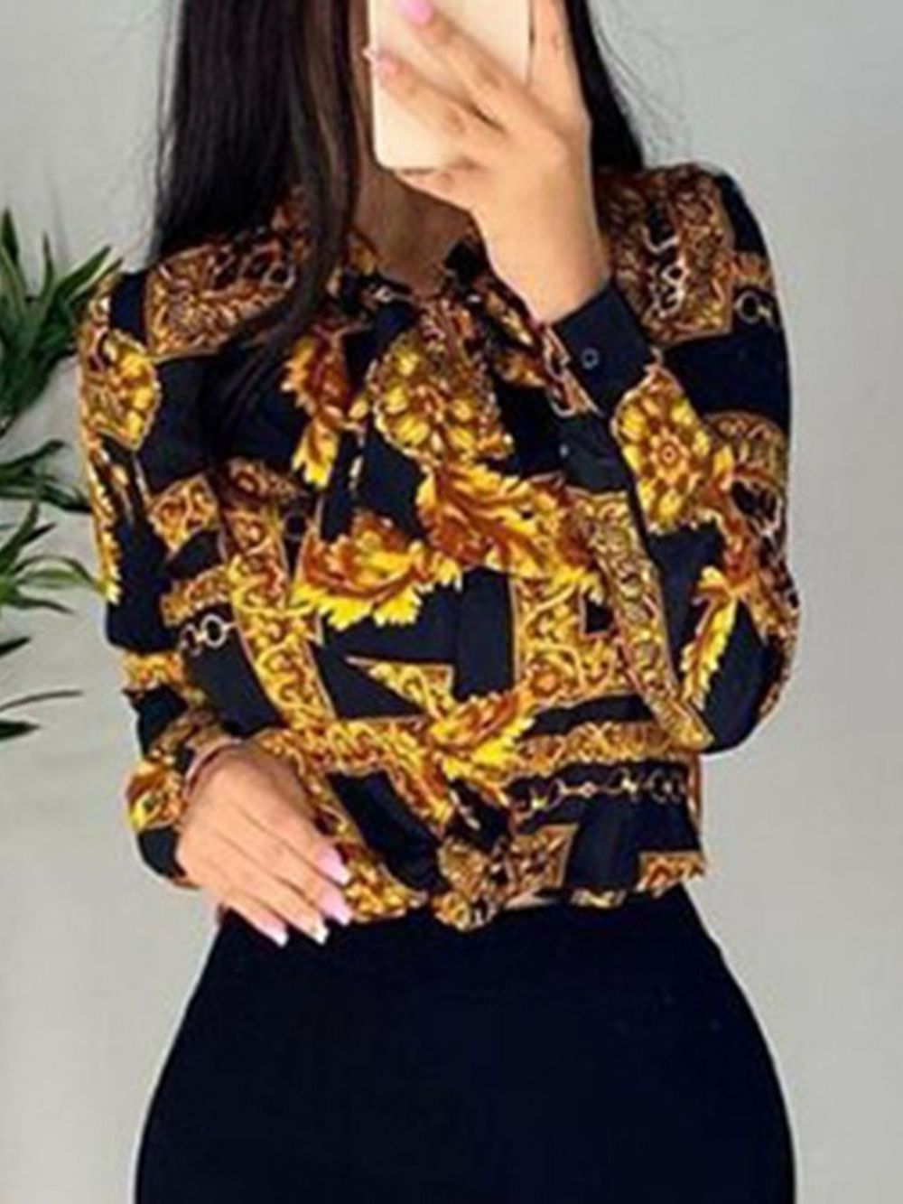 Blusa Padrão De Lapela Com Estampa Regular Manga Longa