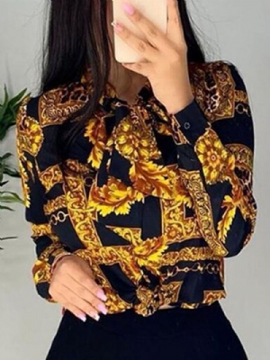 Blusa Padrão De Lapela Com Estampa Regular Manga Longa