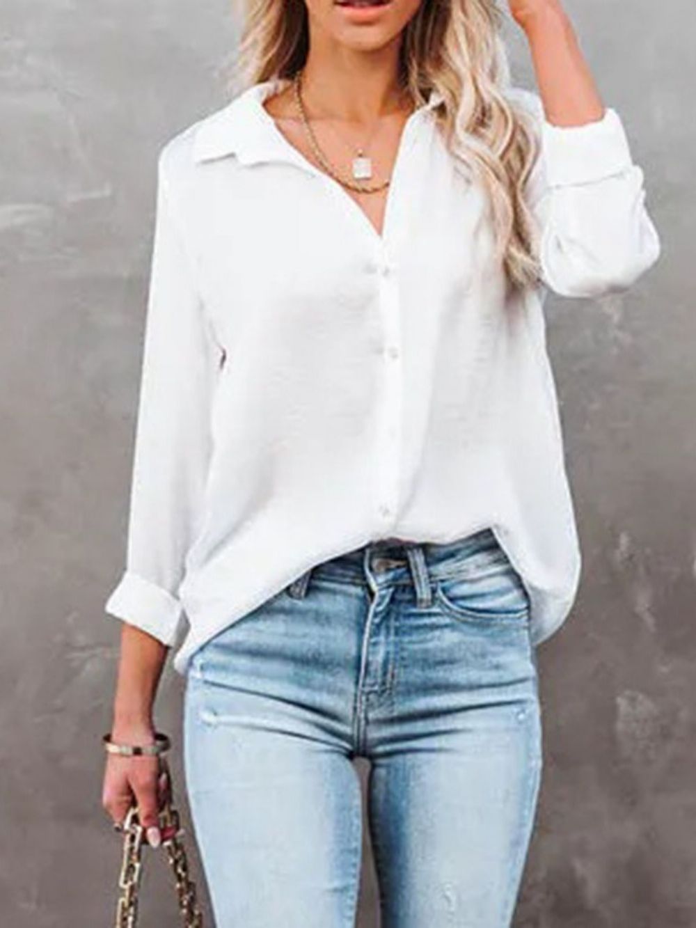 Blusa Regular De Lapela Simples Com Decote Em V Manga Longa E Comprimento Médio