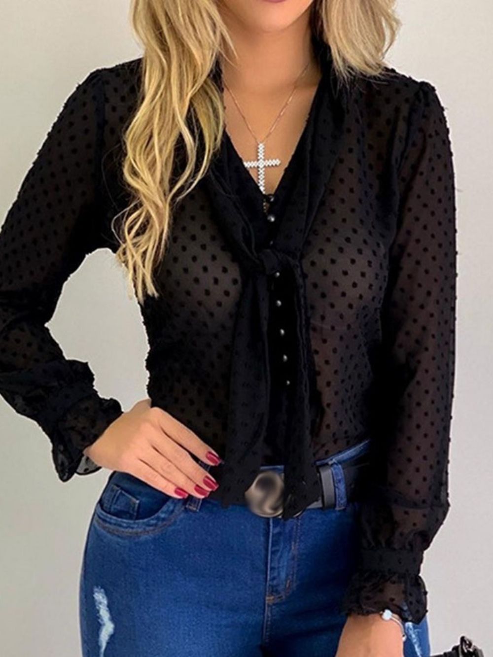 Blusa Slim Regular De Bolinhas Com Cadarço