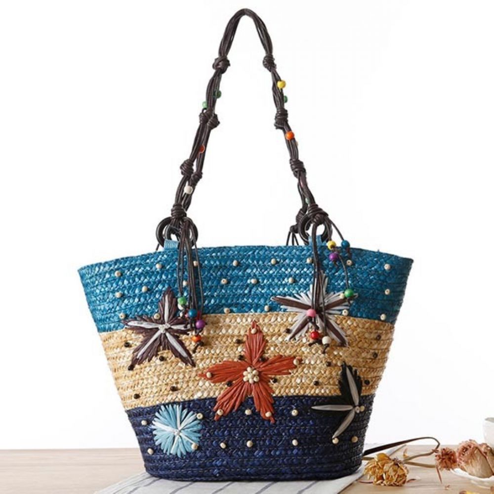 Bolsa De Mão De Palha Bordada Com Estrela Do Mar Da Boêmia