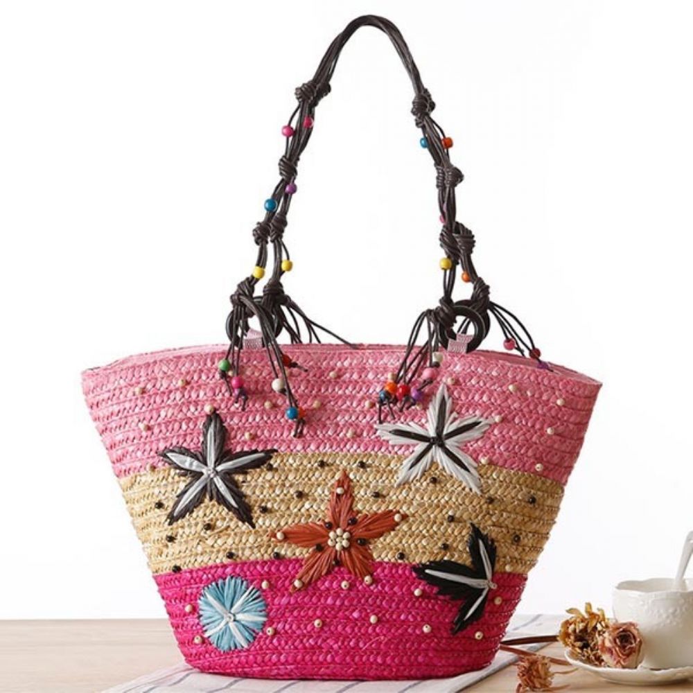 Bolsa De Mão De Palha Bordada Com Estrela Do Mar Da Boêmia