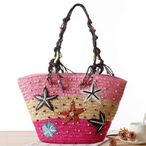 Bolsa De Mão De Palha Bordada Com Estrela Do Mar Da Boêmia