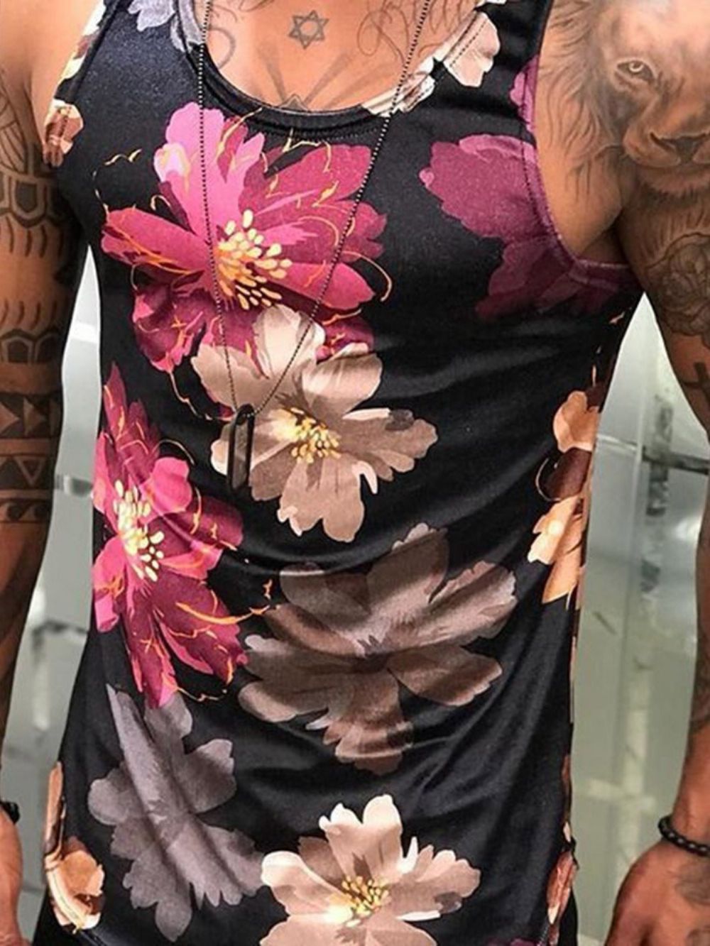 Colete Masculino Europeu Com Estampa Floral Gola Redonda