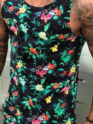 Colete Masculino Europeu Com Estampa Floral Gola Redonda