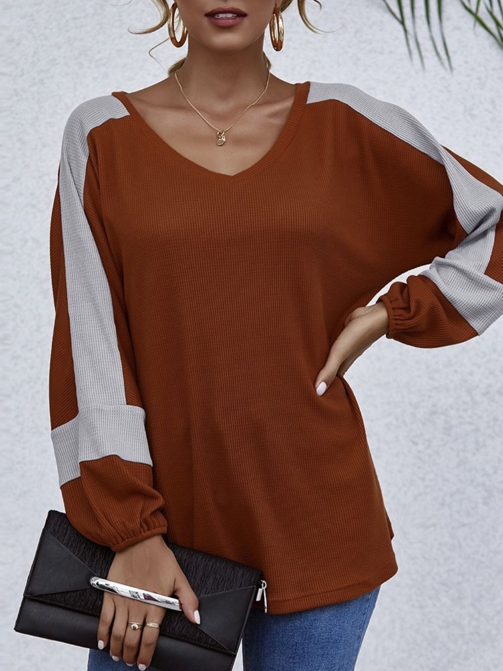 Camiseta Color Block Com Decote Em V E Outono Ocidental Feminina