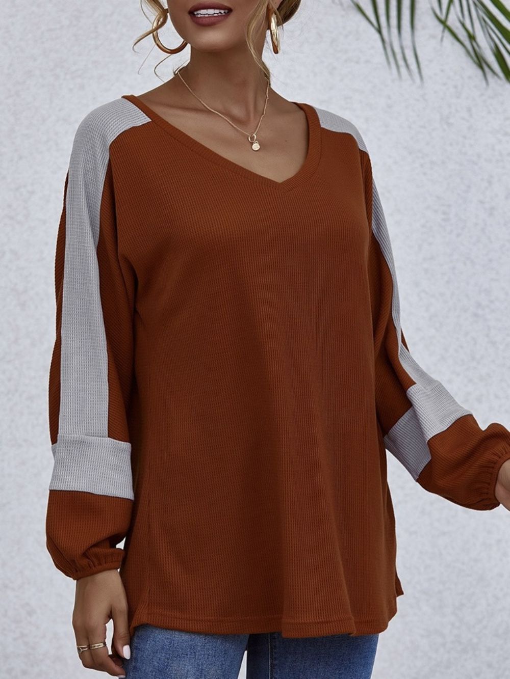 Camiseta Color Block Com Decote Em V E Outono Ocidental Feminina