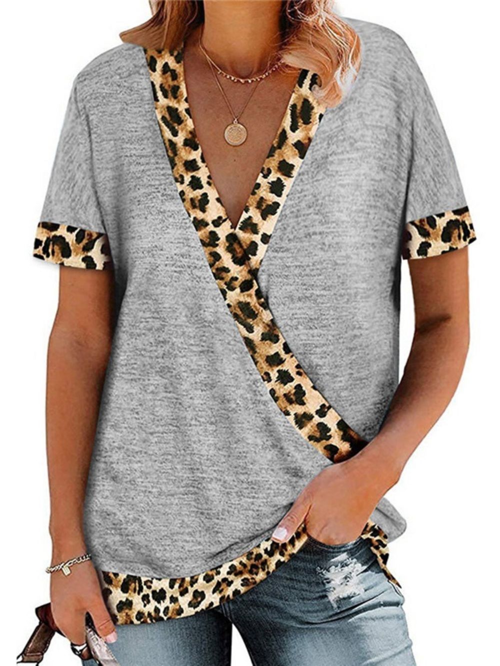 Camiseta Feminina De Verão Com Gola Em V Manga Curta Leopardo Solta