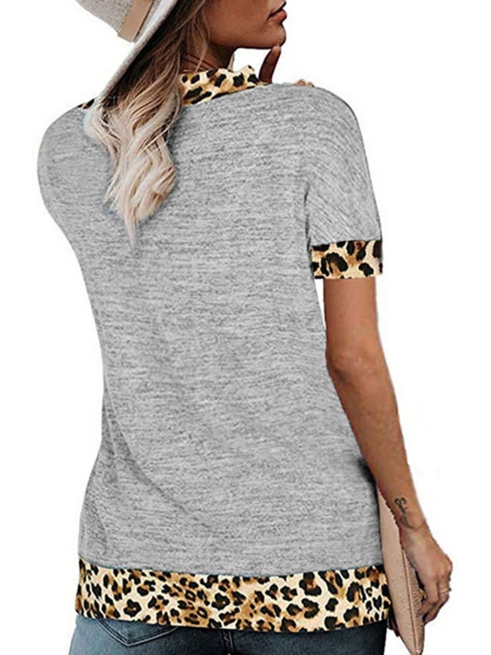 Camiseta Feminina De Verão Com Gola Em V Manga Curta Leopardo Solta