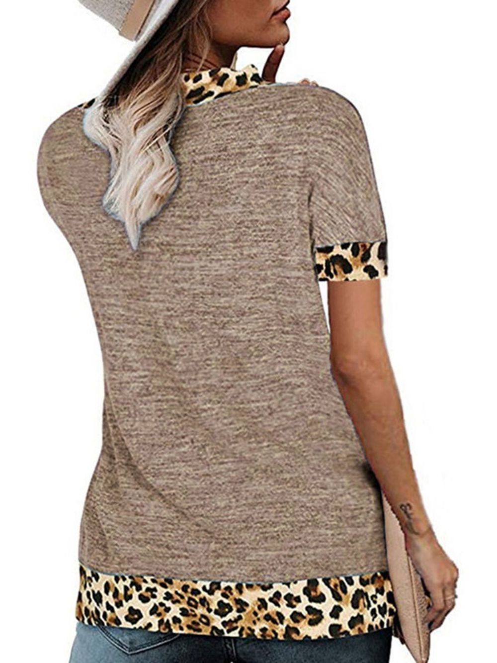 Camiseta Feminina De Verão Com Gola Em V Manga Curta Leopardo Solta