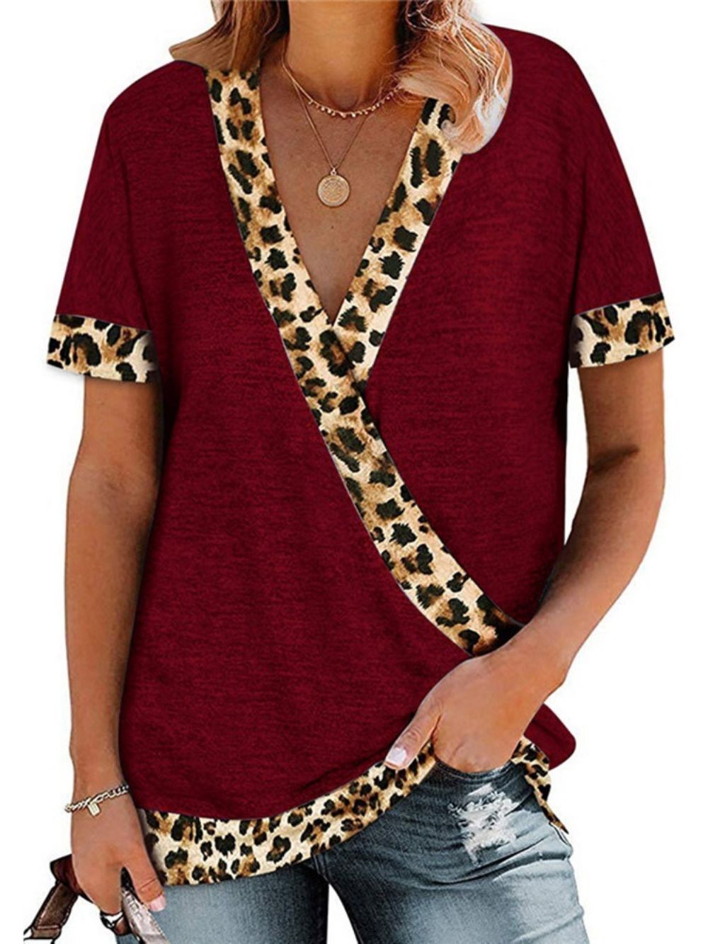 Camiseta Feminina De Verão Com Gola Em V Manga Curta Leopardo Solta