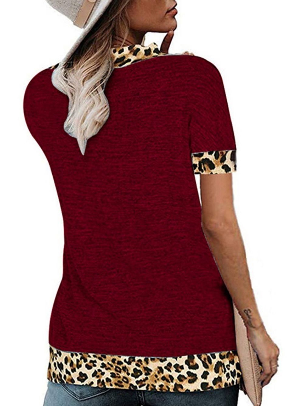 Camiseta Feminina De Verão Com Gola Em V Manga Curta Leopardo Solta