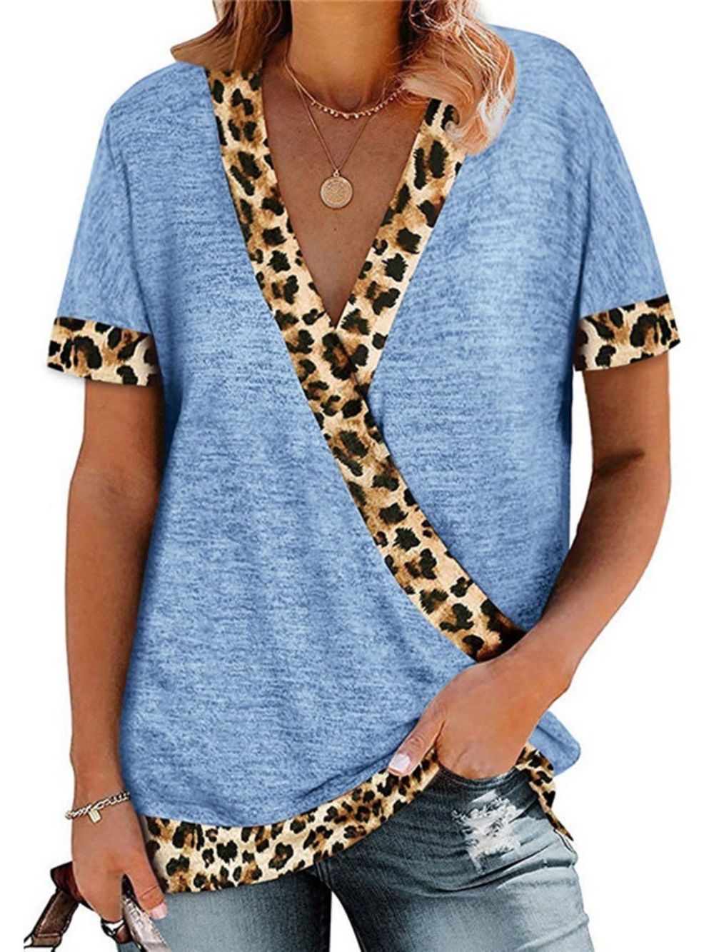 Camiseta Feminina De Verão Com Gola Em V Manga Curta Leopardo Solta